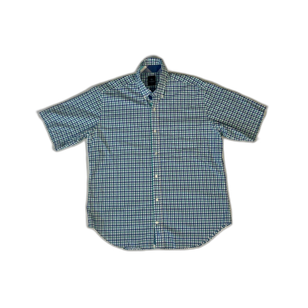 Tailor Byrd Collection Short Sleeve Button Up Blue Checkered Shirt Large Preppy